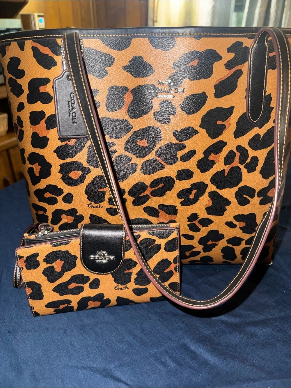 Coach Leopard-Print Leather Tote & Wallet - Tan & Black